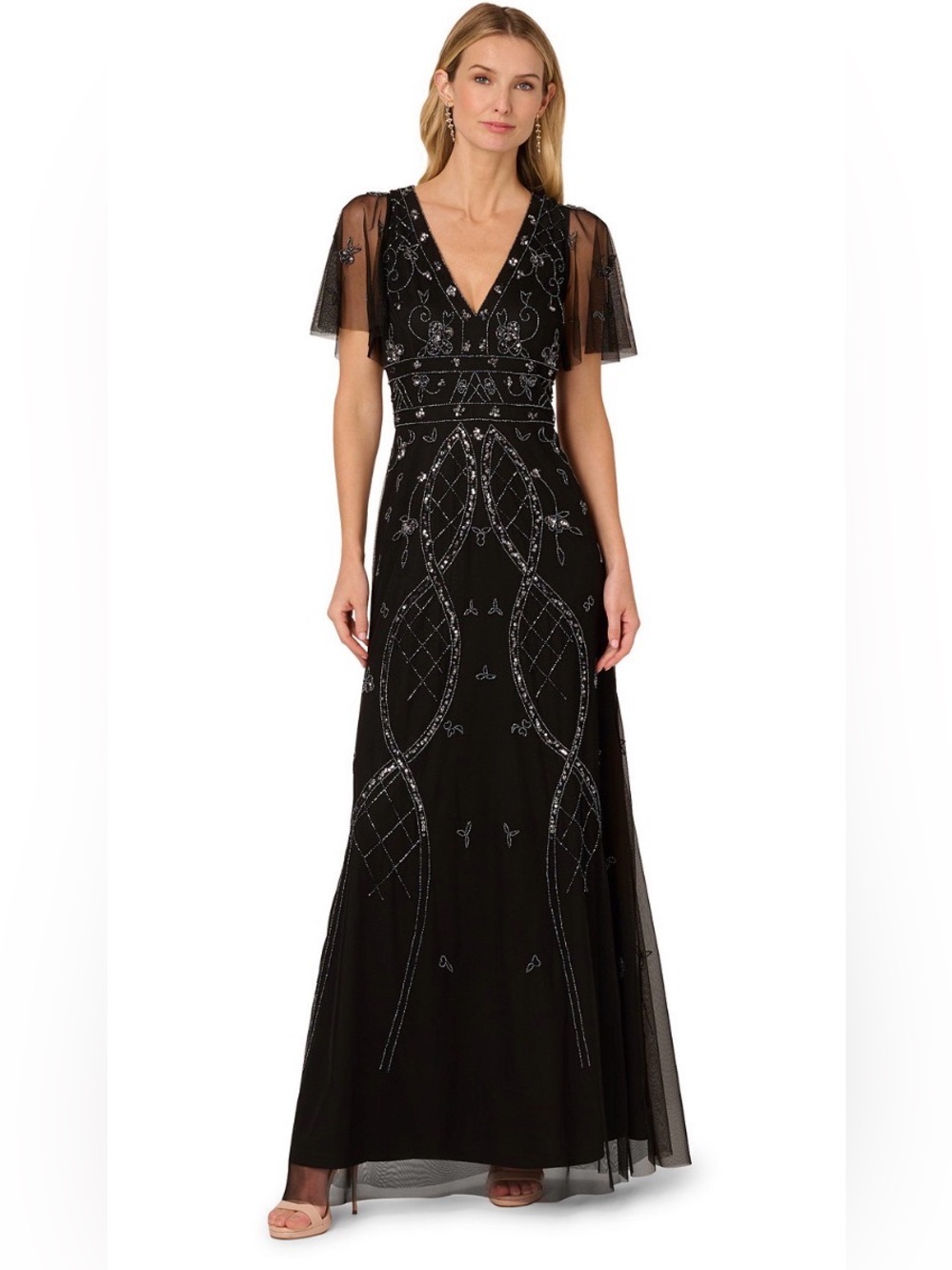 Adrianna Papell Women's Beaded Flutter Sleeve Dress Sz 4